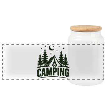 Camping Outdoor Mountain Adventure Tent - Panoramic Cookie Jar with Wooden Lid - white - Front