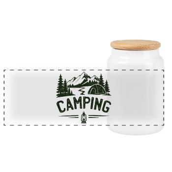 Camping Outdoor Mountain Adventure Tent - Panoramic Cookie Jar with Wooden Lid - white - Front