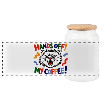Coffee cat warning: Hands off! - Panoramic Cookie Jar with Wooden Lid - white - Front