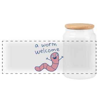 Friendly Worm Welcome Illustration - Panoramic Cookie Jar with Wooden Lid - white - Front