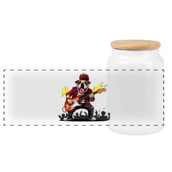 Punk Bulldog with Electric Guitar - Panoramic Cookie Jar with Wooden Lid - white - Front