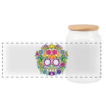 Sugar Skull Floral Calavera Day of the Dead - Panoramic Cookie Jar with Wooden Lid - white - Front