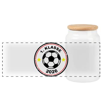 Fußball Emblem - Schulanfang - 1. Klasse 2026 - Panorama Keksdose mit Holzdeckel - Weiß - Vorne