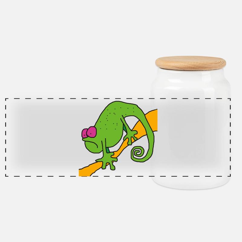 Chamaeleon am Ast – bunte Pop-Illustration - Panorama Keksdose mit Holzdeckel - Weiß