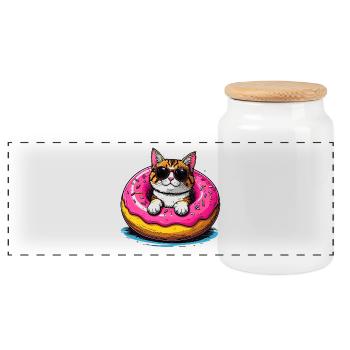 Chat en beignet avec des lunettes de soleil - Boîte à biscuits avec couvercle en bois - blanc - Devant