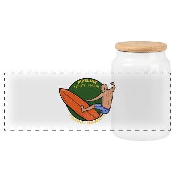 Pipeline Oahu Hawaii North Shore Retro Travel Surf - Panoramic Cookie Jar with Wooden Lid - white - Front