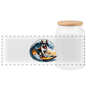 Dog as a surfer on a surfboard - Panoramic Cookie Jar with Wooden Lid - white - Front