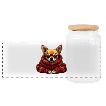 Chihuahua Winter Cuddle with Scarf - Panoramic Cookie Jar with Wooden Lid - white - Front