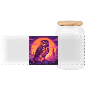 Neon owls in cyberpunk city light - Panoramic Cookie Jar with Wooden Lid - white - Front