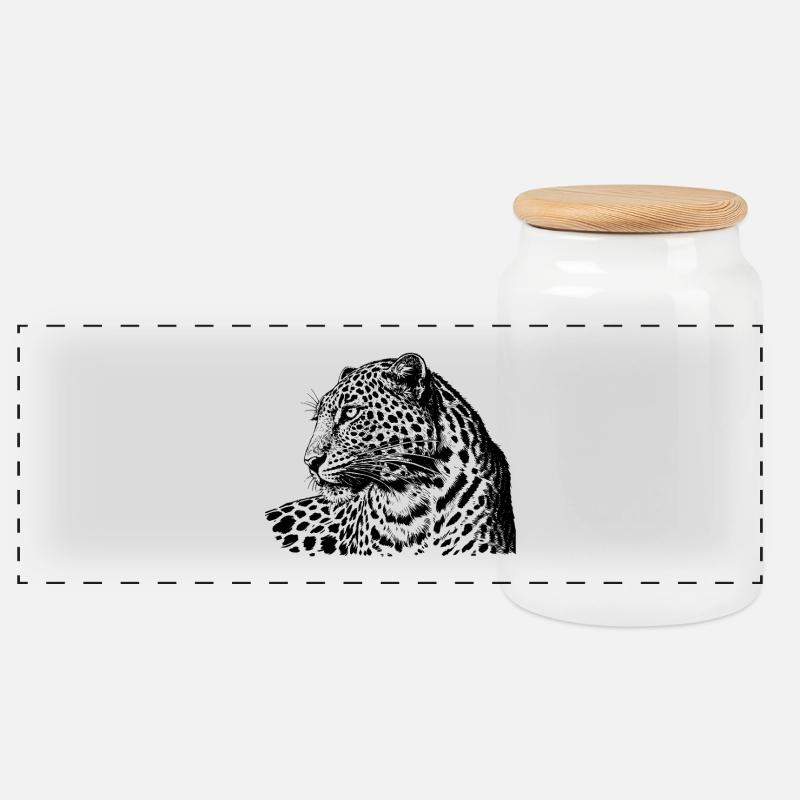 Leopard Head Silhouette Art - Panoramic Cookie Jar with Wooden Lid - white