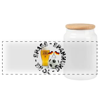 Fußball und Bier – Darum sind wir hier! Fan Shirt - Panorama Keksdose mit Holzdeckel - Weiß - Vorne