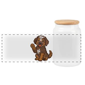 Doodle Brown-Tri - Kuschelhund Welpen - Panorama Keksdose mit Holzdeckel - Weiß - Vorne