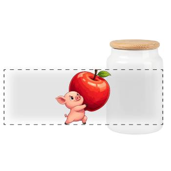 Apple Pig Cartoon - Panoramic Cookie Jar with Wooden Lid - white - Front