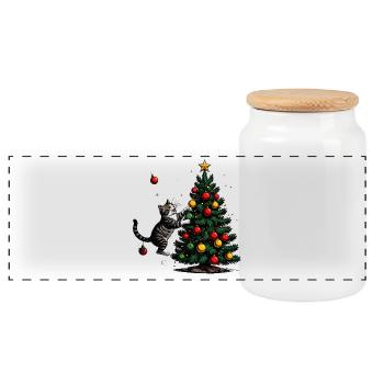 Katzenfreund am Weihnachtsbaum - Panorama Keksdose mit Holzdeckel - Weiß - Vorne