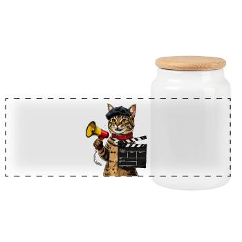 Cinema Cat Director: Film Cat with Megaphone - Panoramic Cookie Jar with Wooden Lid - white - Front