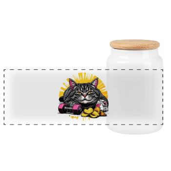 Chat paresseux avec des chips et des haltères - Boîte à biscuits avec couvercle en bois - blanc - Devant
