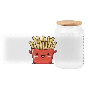 Fröhliche Pommes Cartoon - Panorama Keksdose mit Holzdeckel - Weiß - Vorne