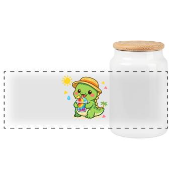 Sunny dinosaur with iced drink - Panoramic Cookie Jar with Wooden Lid - white - Front