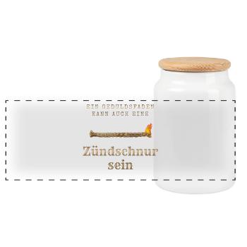 Geduldsfaden als Zündschnur - Panorama Keksdose mit Holzdeckel - Weiß - Vorne