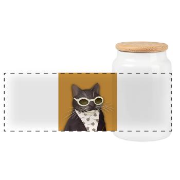 Cat in Leather Jacket and Sunglasses - Panoramic Cookie Jar with Wooden Lid - white - Front