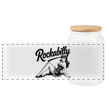 Rockabilly Frau Pin Up Schwarz-Weiß Design - Panorama Keksdose mit Holzdeckel - Weiß - Vorne