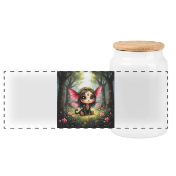 Butterfly winged chibi fairy in forest - Panoramic Cookie Jar with Wooden Lid - white - Front