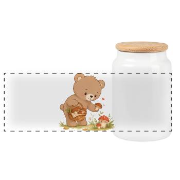 Cute bear picking mushrooms in the forest - Panoramic Cookie Jar with Wooden Lid - white - Front