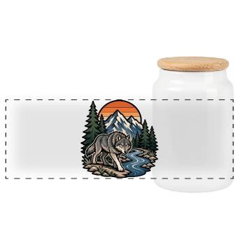 Wolf and mountains at sunset - Panoramic Cookie Jar with Wooden Lid - white - Front