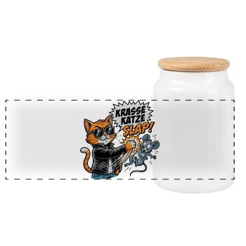 Krasse Katze Cat Slap Katzenohrfeige Maus Comic - Panorama Keksdose mit Holzdeckel - Weiß - Vorne