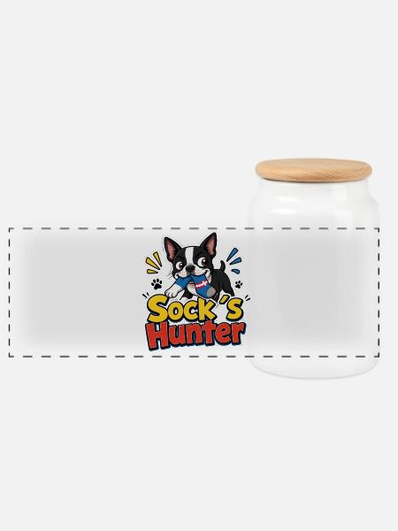 Boston Terrier Socks Hunter-Welpe - Panorama Keksdose mit Holzdeckel - Weiß