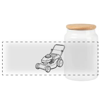 Lawn Mower Outline - Panoramic Cookie Jar with Wooden Lid - white - Front