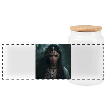 Shaman from the Depths of the Woods – Slavic Witch - Panoramic Cookie Jar with Wooden Lid - white - Front