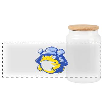 Frog Stepper with Helmet – Cartoon Adventure - Panoramic Cookie Jar with Wooden Lid - white - Front