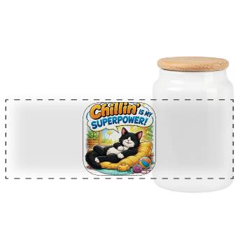 Chillin ist meine Superkraft Katze - Panorama Keksdose mit Holzdeckel - Weiß - Vorne