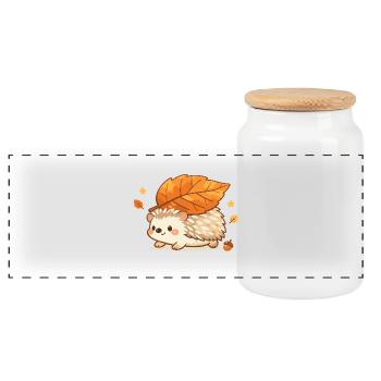 Autumn hedgehog with maple leaf - Panoramic Cookie Jar with Wooden Lid - white - Front