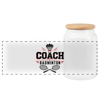 Badminton Coach - Panoramic Cookie Jar with Wooden Lid - white - Front