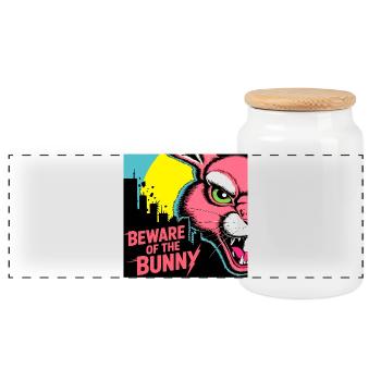 Warning of the Bunny – Pop Art - Panoramic Cookie Jar with Wooden Lid - white - Front