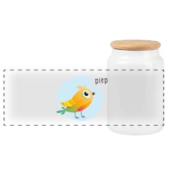 Bunter Vogel mit Piepsprechblase - Panorama Keksdose mit Holzdeckel - Weiß - Vorne