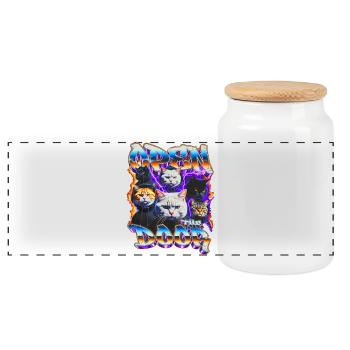 Open the Door — Neon Cat Crew - Panoramic Cookie Jar with Wooden Lid - white - Front