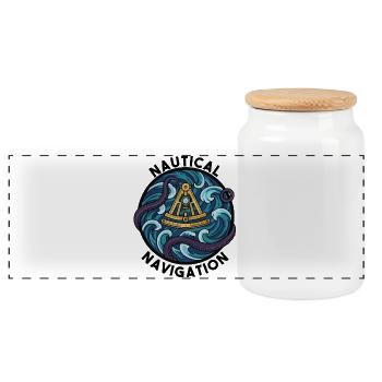 Vintage Nautical Navigation Sextant Sea Badge - Panoramic Cookie Jar with Wooden Lid - white - Front