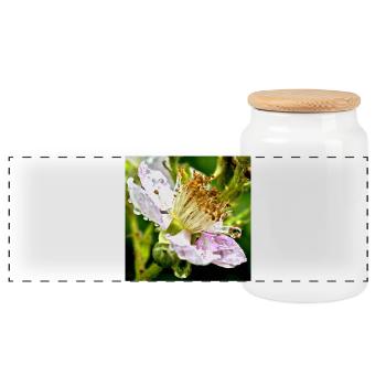 Botanische Eleganz Brombeerblüte Makro - Panorama Keksdose mit Holzdeckel - Weiß - Vorne