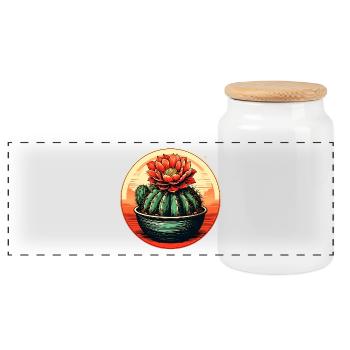 Red flower cactus in the evening light - Panoramic Cookie Jar with Wooden Lid - white - Front