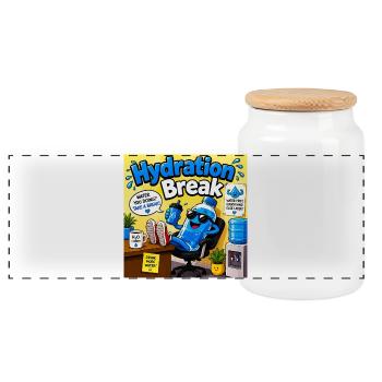 Hydration Break Cartoon Bottle - Panoramic Cookie Jar with Wooden Lid - white - Front
