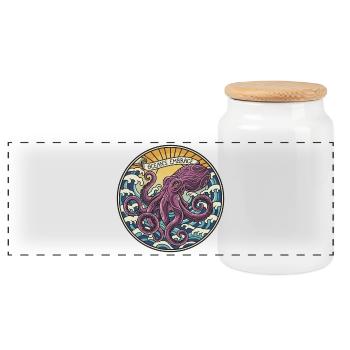 Vintage Kraken Octopus Ocean Embrace Badge - Panoramic Cookie Jar with Wooden Lid - white - Front