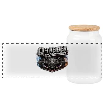 Q-Treiber aus Leidenschaft – Boxer Motor Design - Panorama Keksdose mit Holzdeckel - Weiß - Vorne
