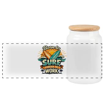 Born to Surf Forced to Work Vintage Tee - Panorama Keksdose mit Holzdeckel - Weiß - Vorne