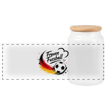 Frauenfußball Flaggen-Schwung - Panorama Keksdose mit Holzdeckel - Weiß - Vorne
