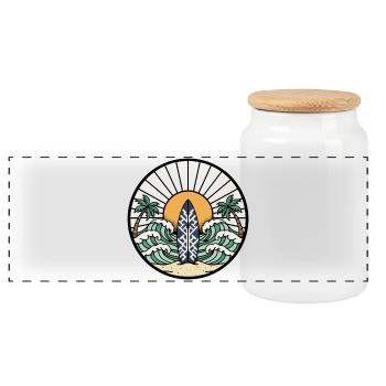 Surfboard Palm Trees Waves Ocean Badge Retro - Panoramic Cookie Jar with Wooden Lid - white - Front