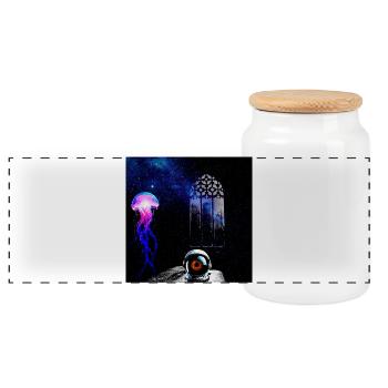 Cosmic Jellyfish and Astro Eye - Panoramic Cookie Jar with Wooden Lid - white - Front