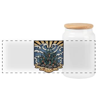 Seaweed Corals Ocean Waves Sun Retro Tattoo - Panoramic Cookie Jar with Wooden Lid - white - Front